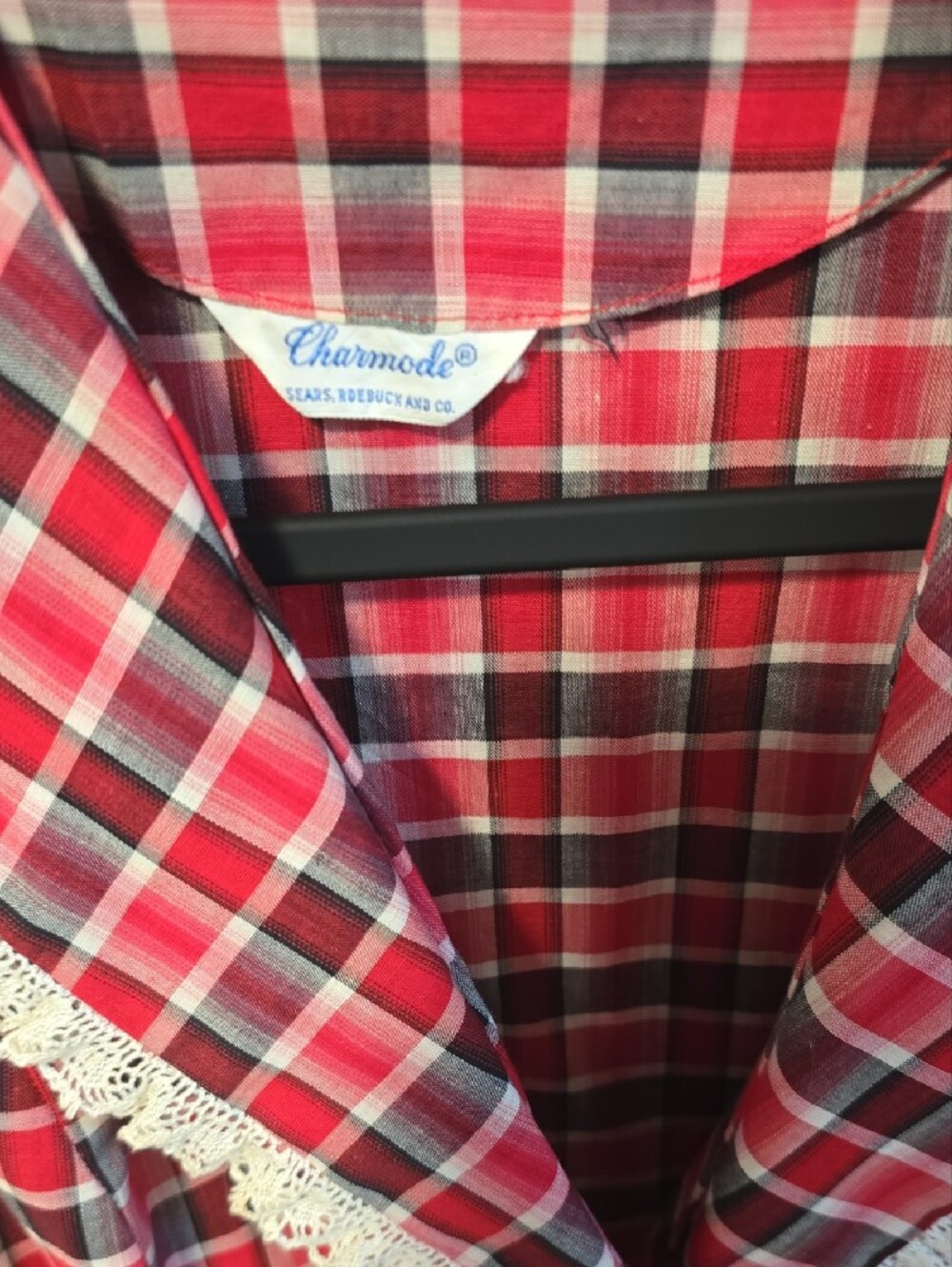 VTG 50s 60s Charmode Sears Plaid Double Breasted Dress Lace Trim Rockabilly - Picture 3 of 3